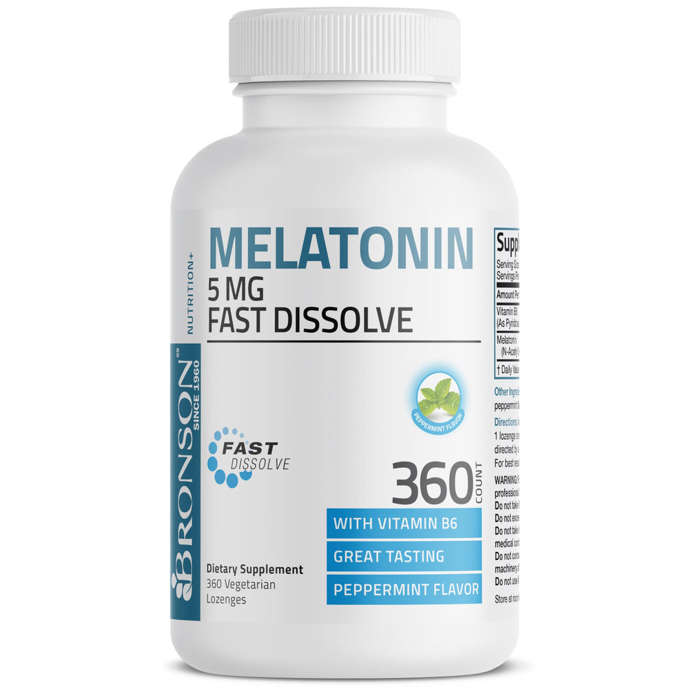 Bronson melatonin peppermint lozenges bottle label featuring vitamin B6 support