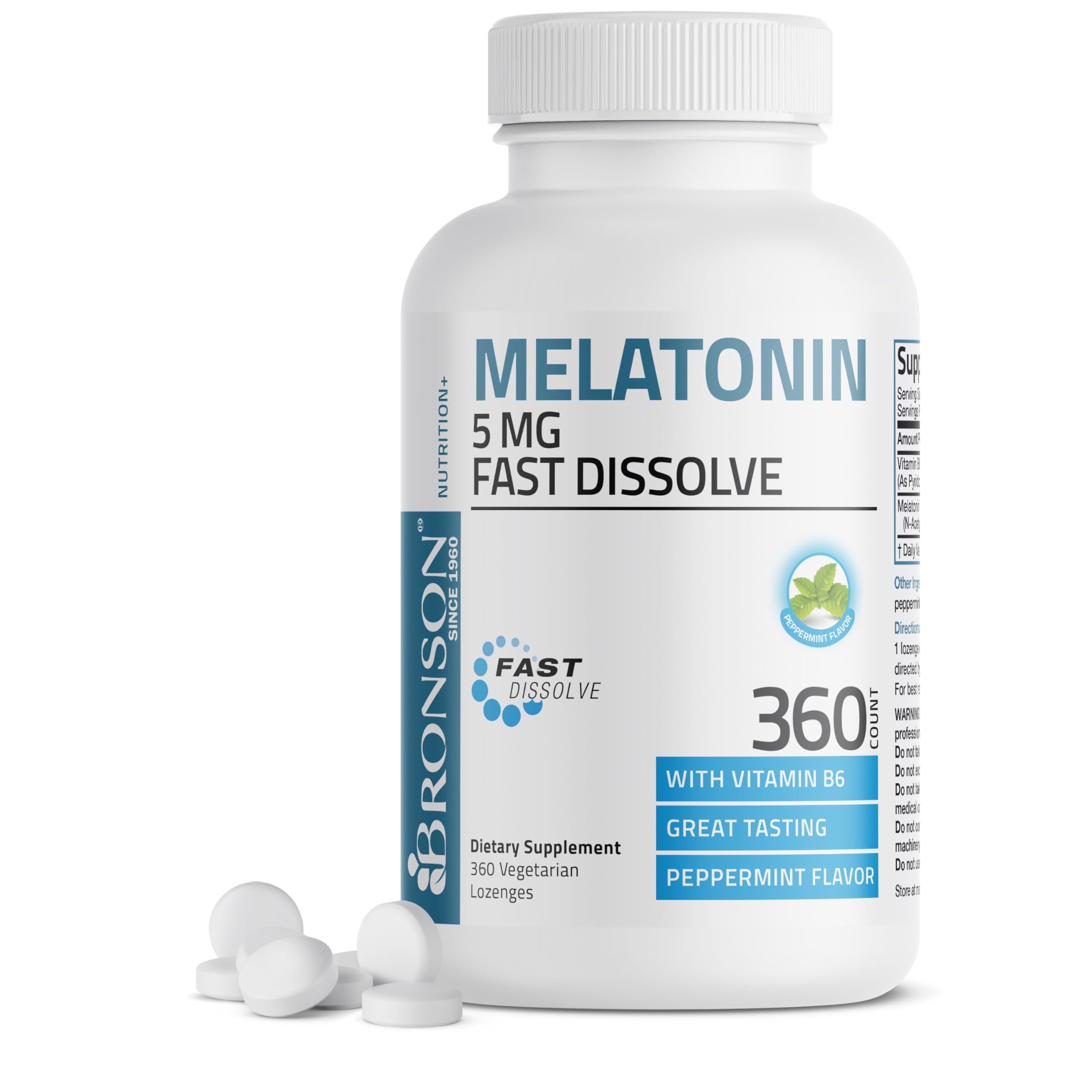 Bronson melatonin peppermint lozenges front packaging with 360 servings for convenient nightly use
