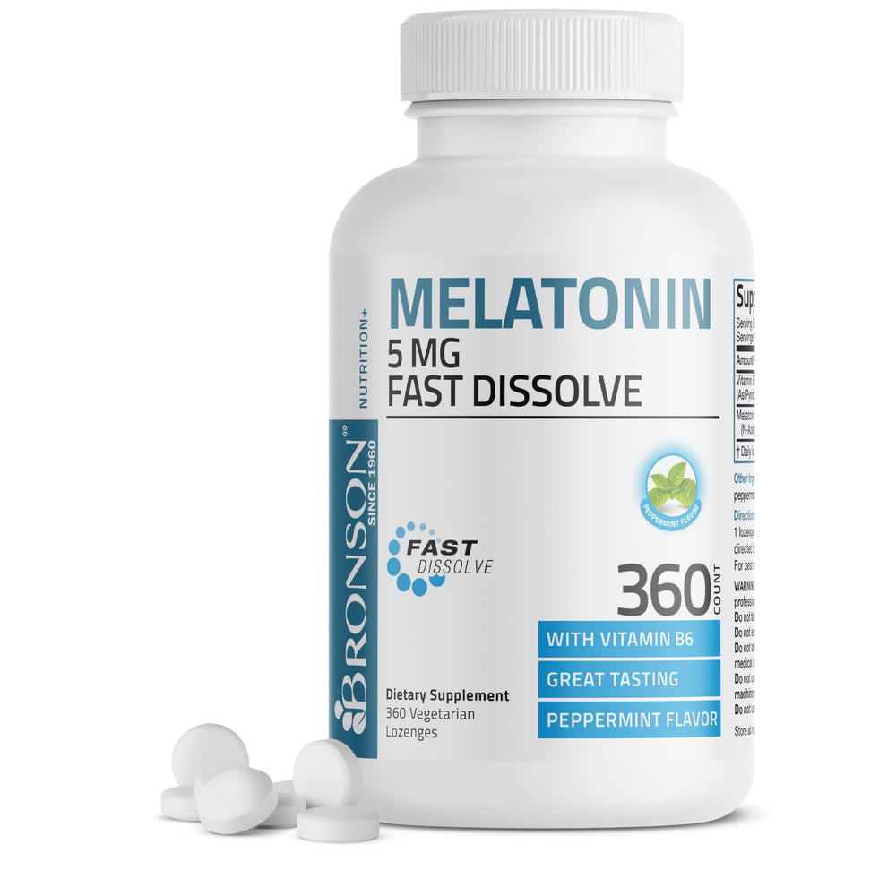 Bronson melatonin peppermint lozenges front packaging with 360 servings for convenient nightly use