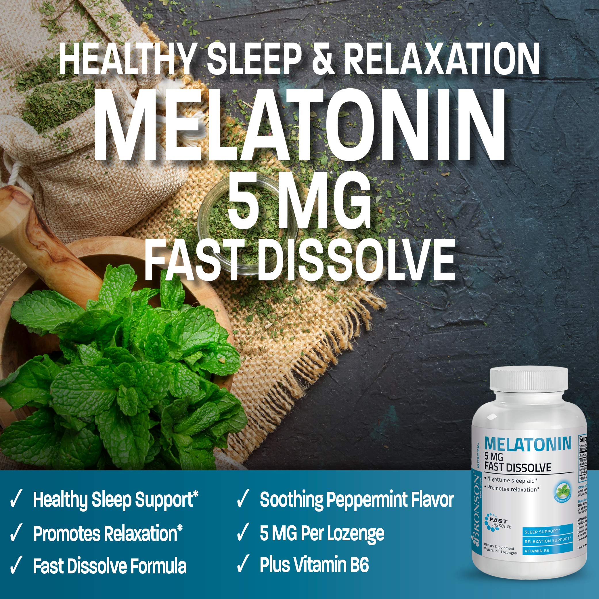 Bronson melatonin peppermint lozenges tablets closeup showing quick dissolving texture