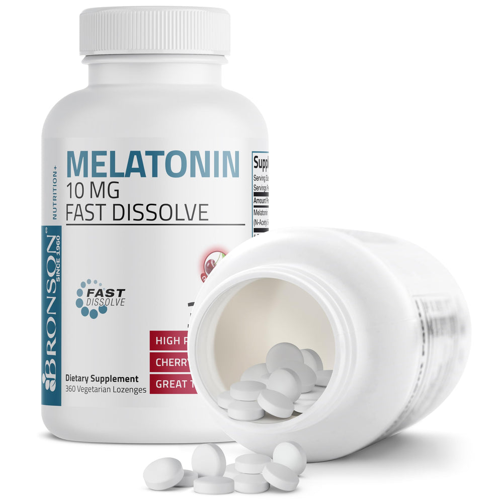 Bronson Melatonin bottle close-up highlighting cherry flavor and packaging.