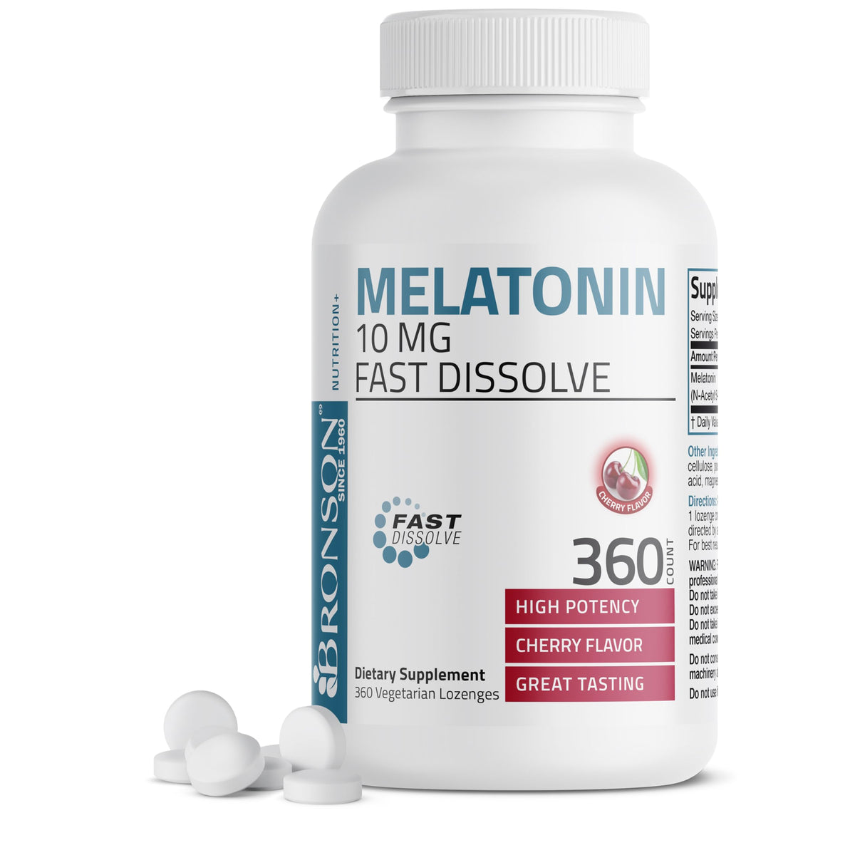 Bronson Melatonin fast-dissolve cherry tablets for quick sleep onset.