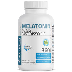 Bronson Melatonin vegetarian chewables packaging, convenient and travel-ready.