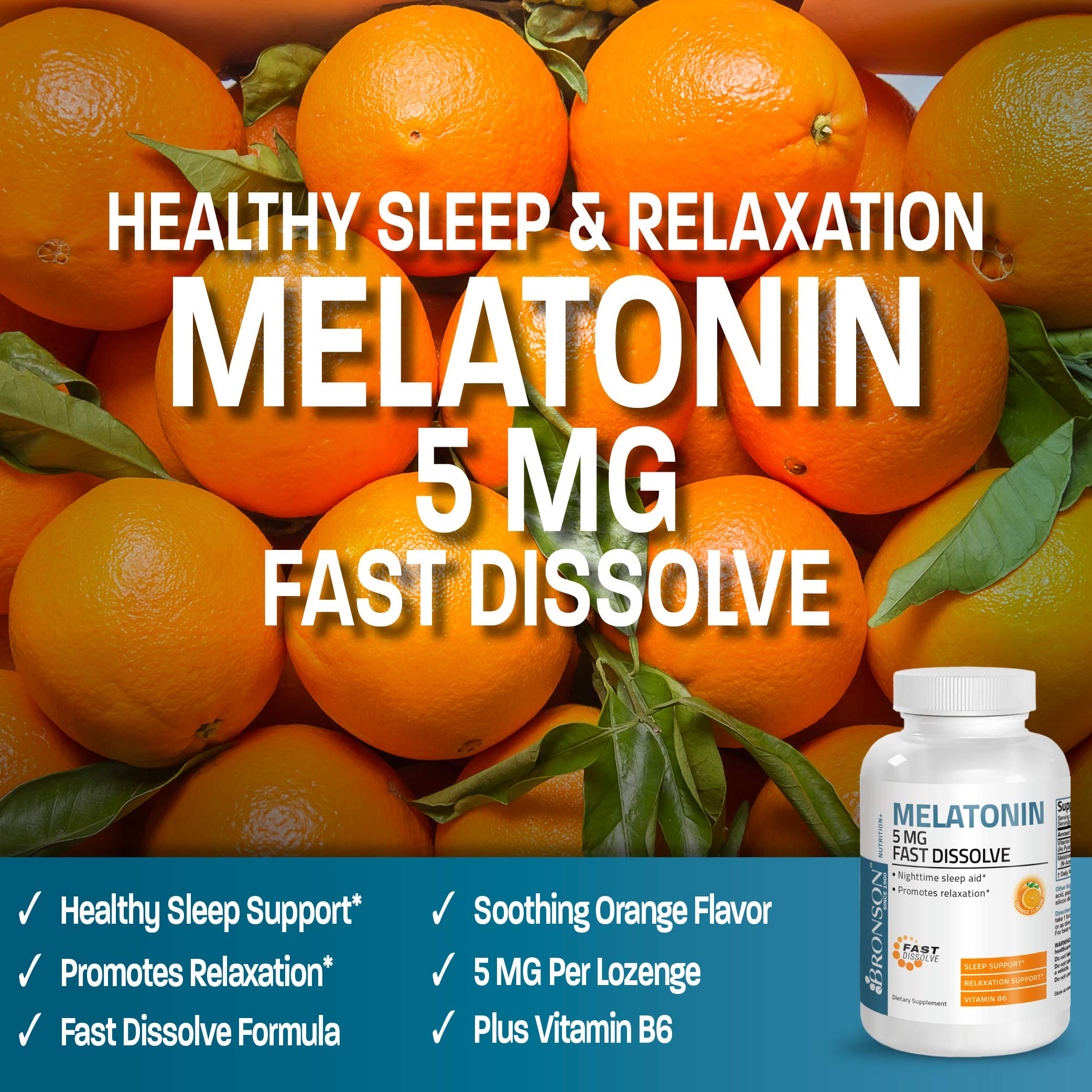 Bronson melatonin lozenge highlighting vitamin B6 in the formula for daytime balance.