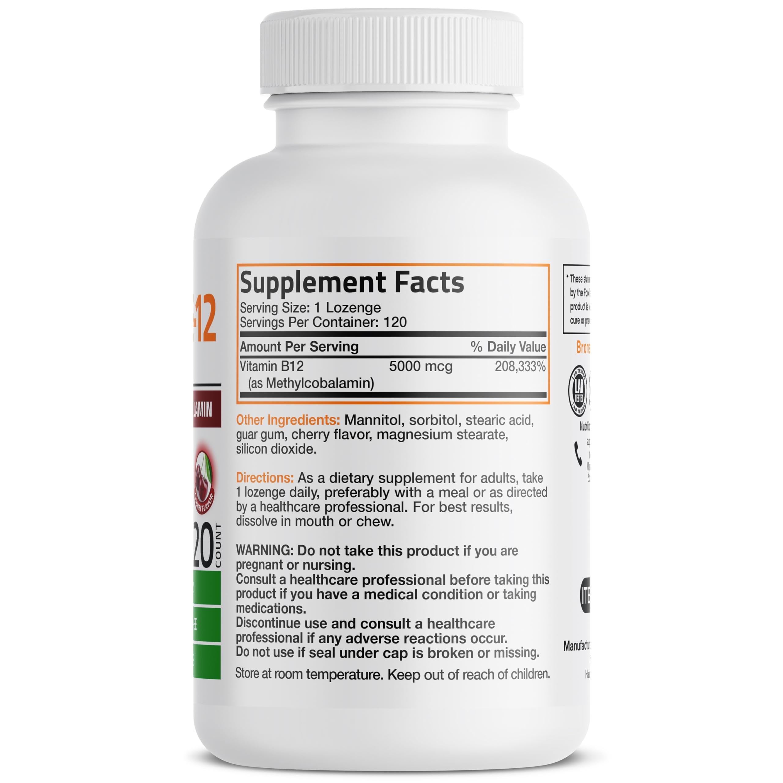 Etiqueta frontal de Bronson Methyl B12, lectura clara para verificar dosis y posibles beneficios