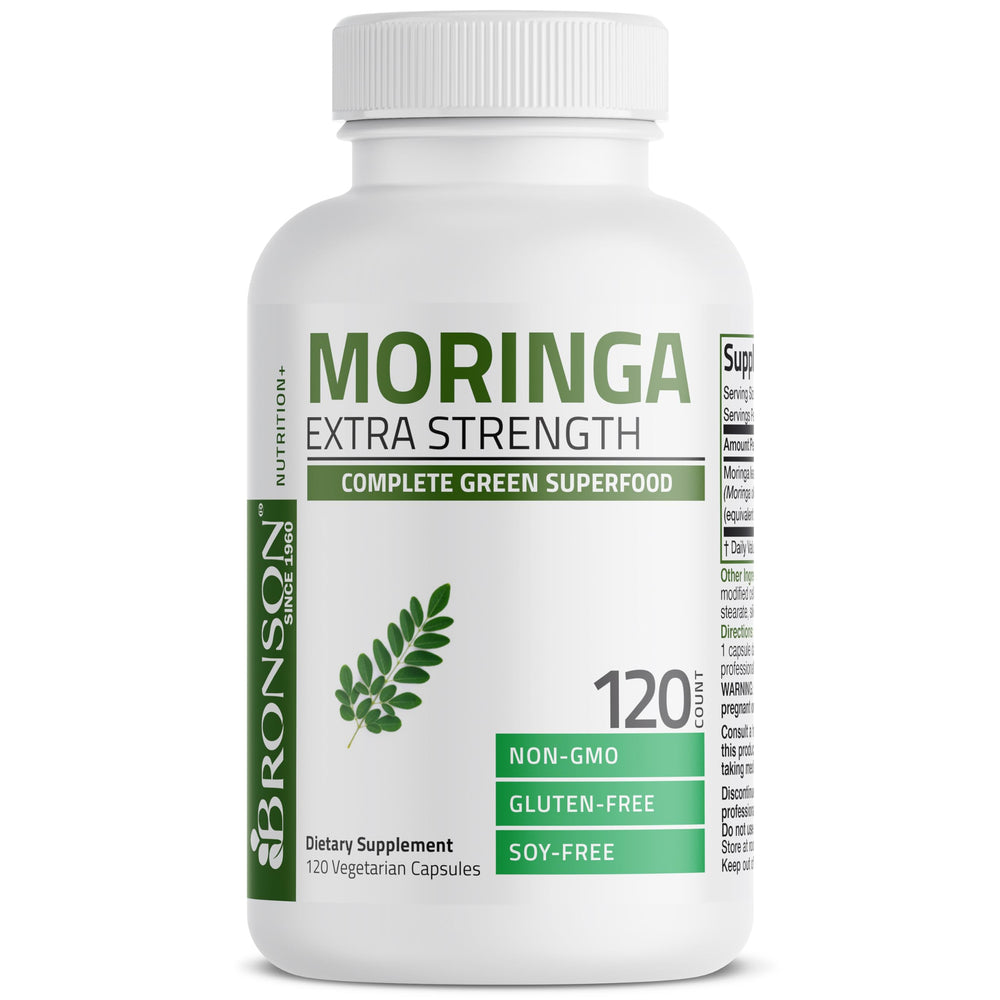 Bronson Moringa bottle label shows GMO-free, gluten-free features for clean supplements.
