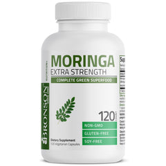 Bronson Moringa bottle label shows GMO-free, gluten-free features for clean supplements.