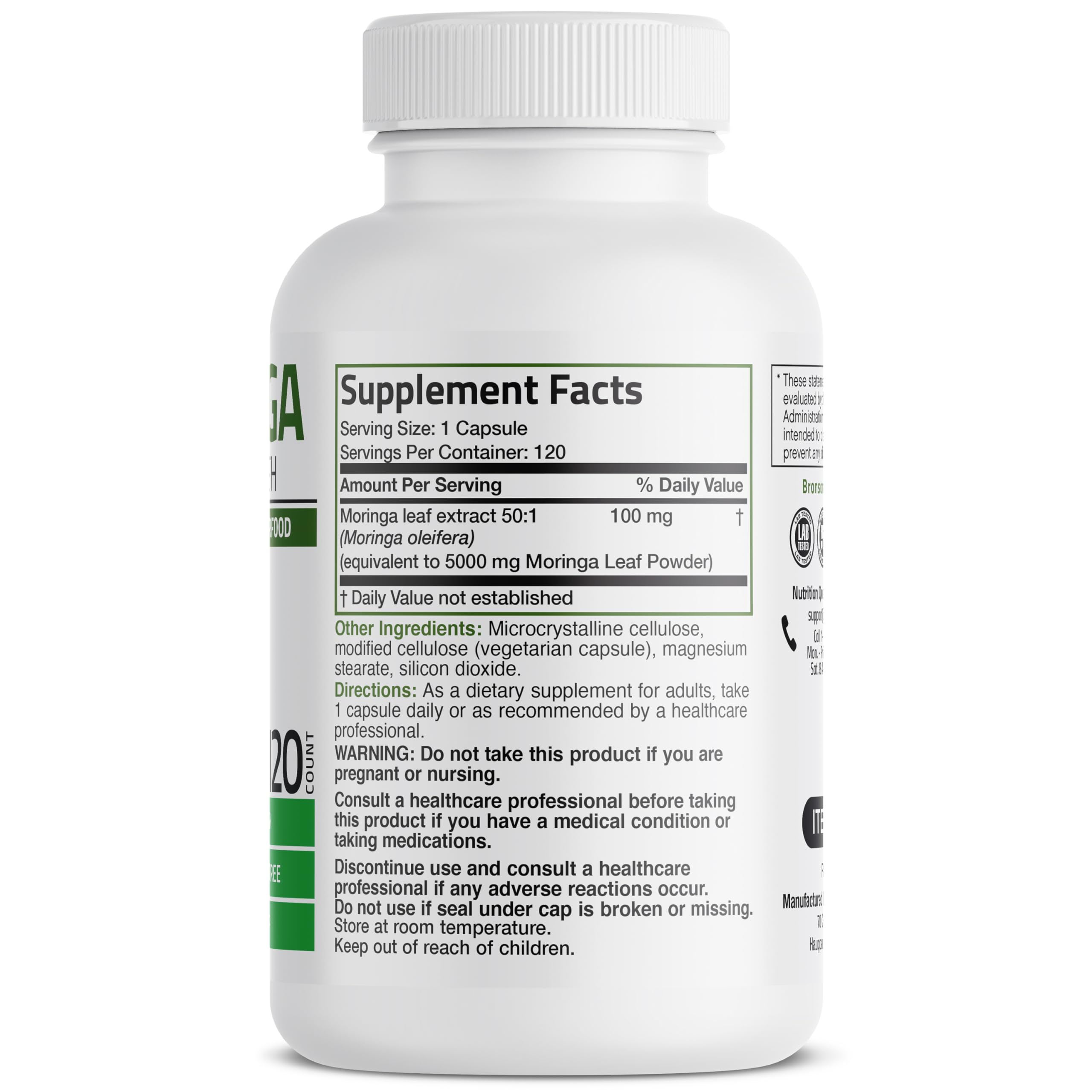 Close-up of Bronson Moringa capsules highlighting premium quality and purity.