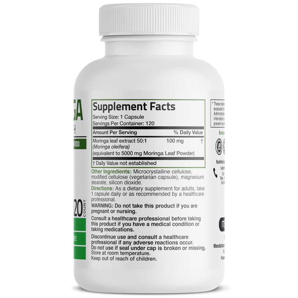 Close-up of Bronson Moringa capsules highlighting premium quality and purity.