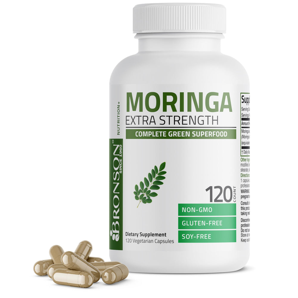 Bronson Moringa Extra Strength capsules in a bottle for daily wellness support.