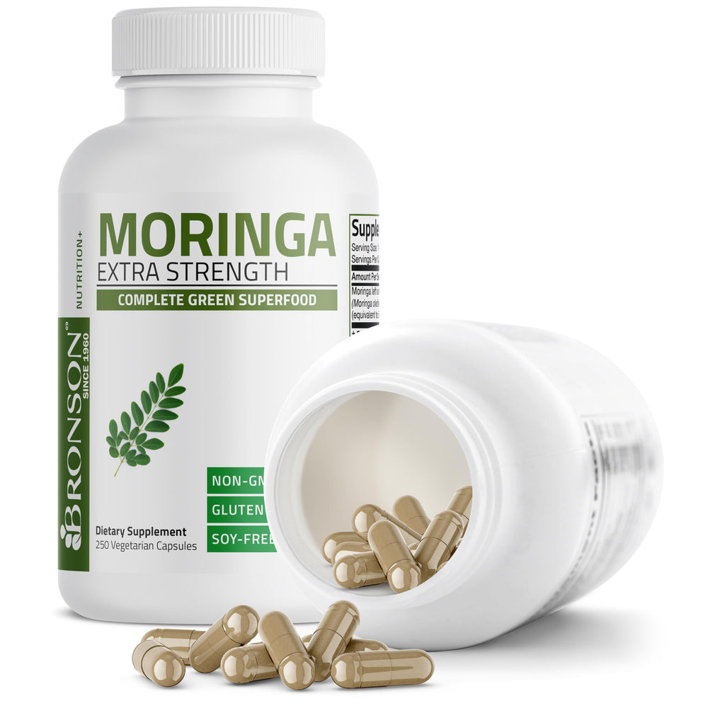 Bronson Moringa label highlights non-GMO, gluten-free, and soy-free ingredients.