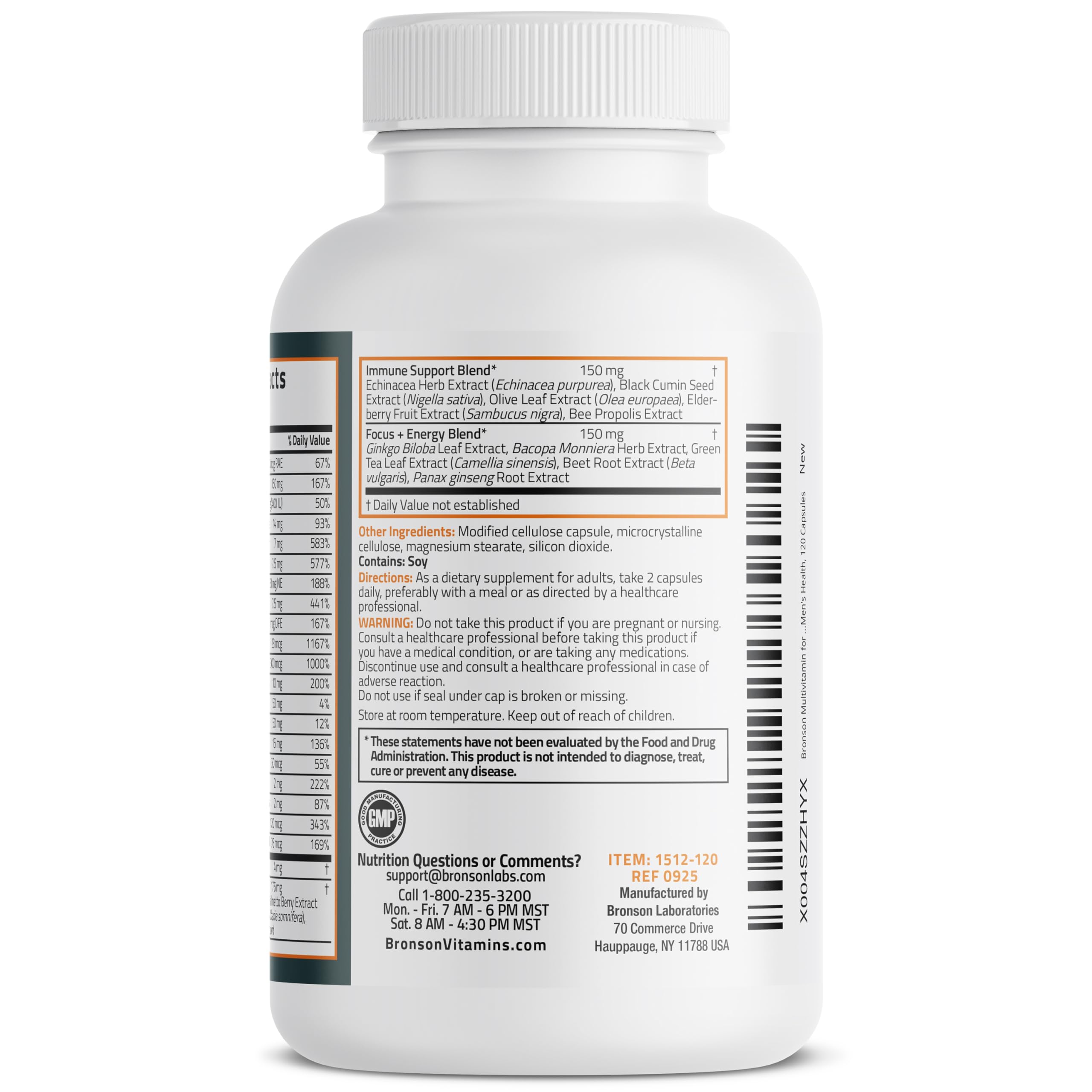 Bronson Multivitamin for Men label detail lists active ingredients