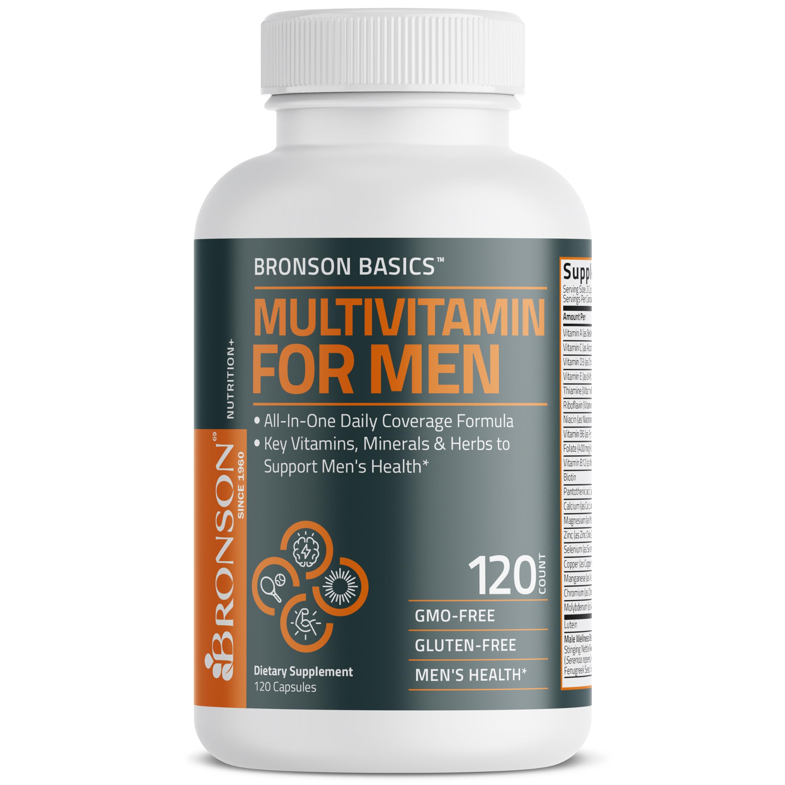 Bronson Multivitamin for Men packaging back with wellness blends