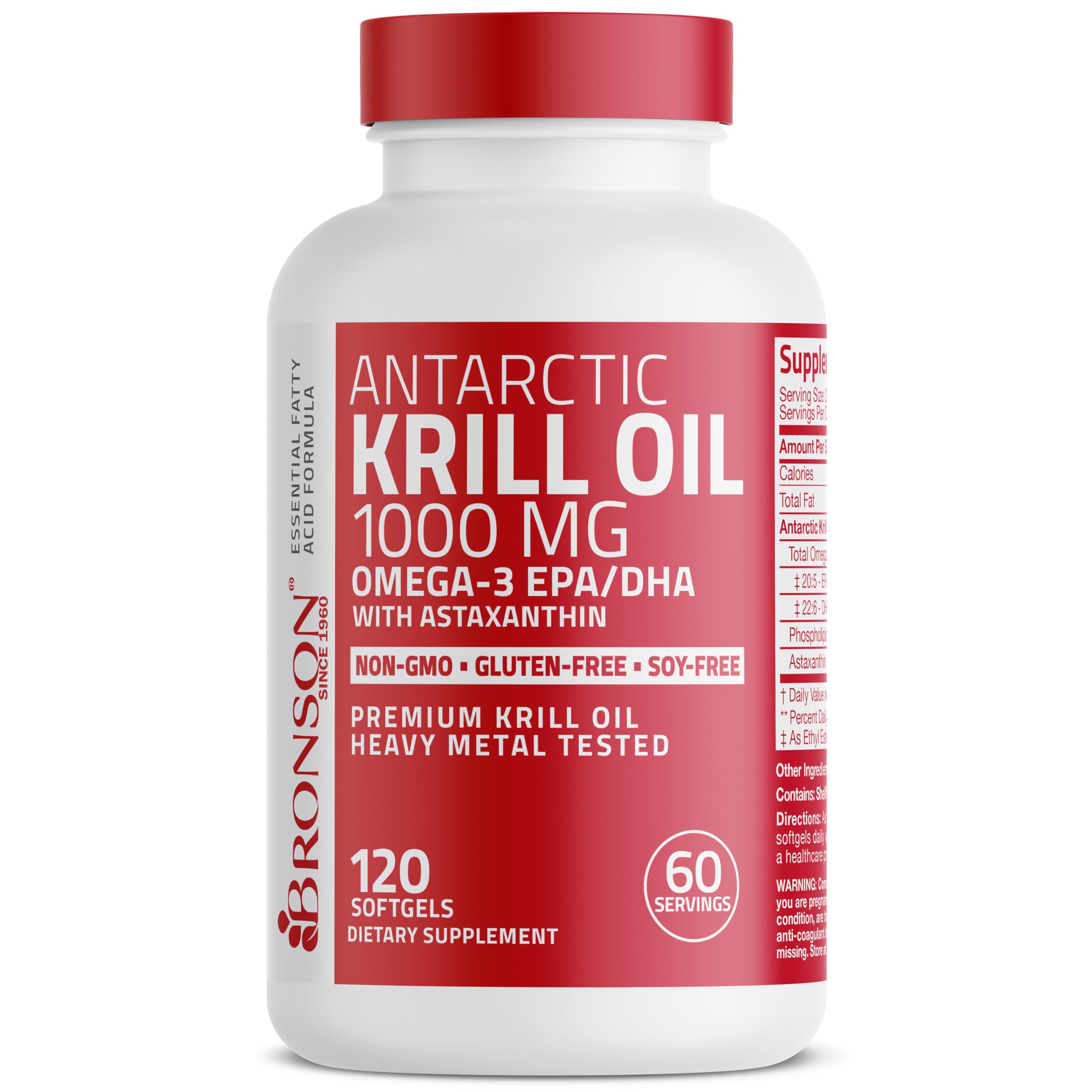 Natural astaxanthin color accent on Bronson Krill Oil packaging.