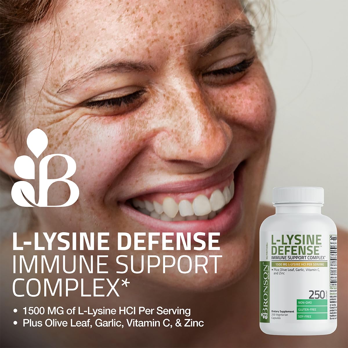 Bronson L-Lysine Defense non-GMO packaging highlights the formula.