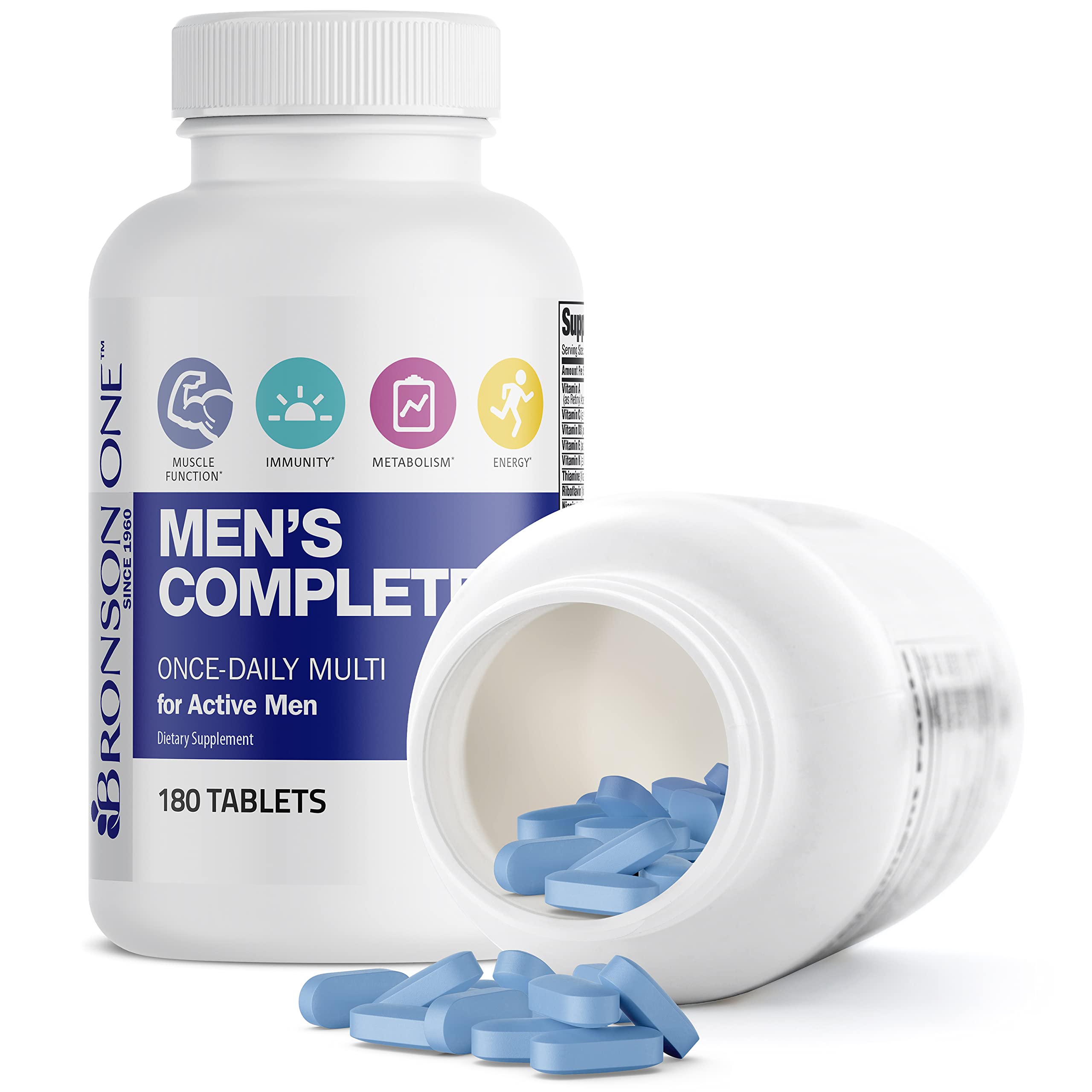 Bronson ONE Daily Men’s Complete bottle on a desk in a lifestyle setting.