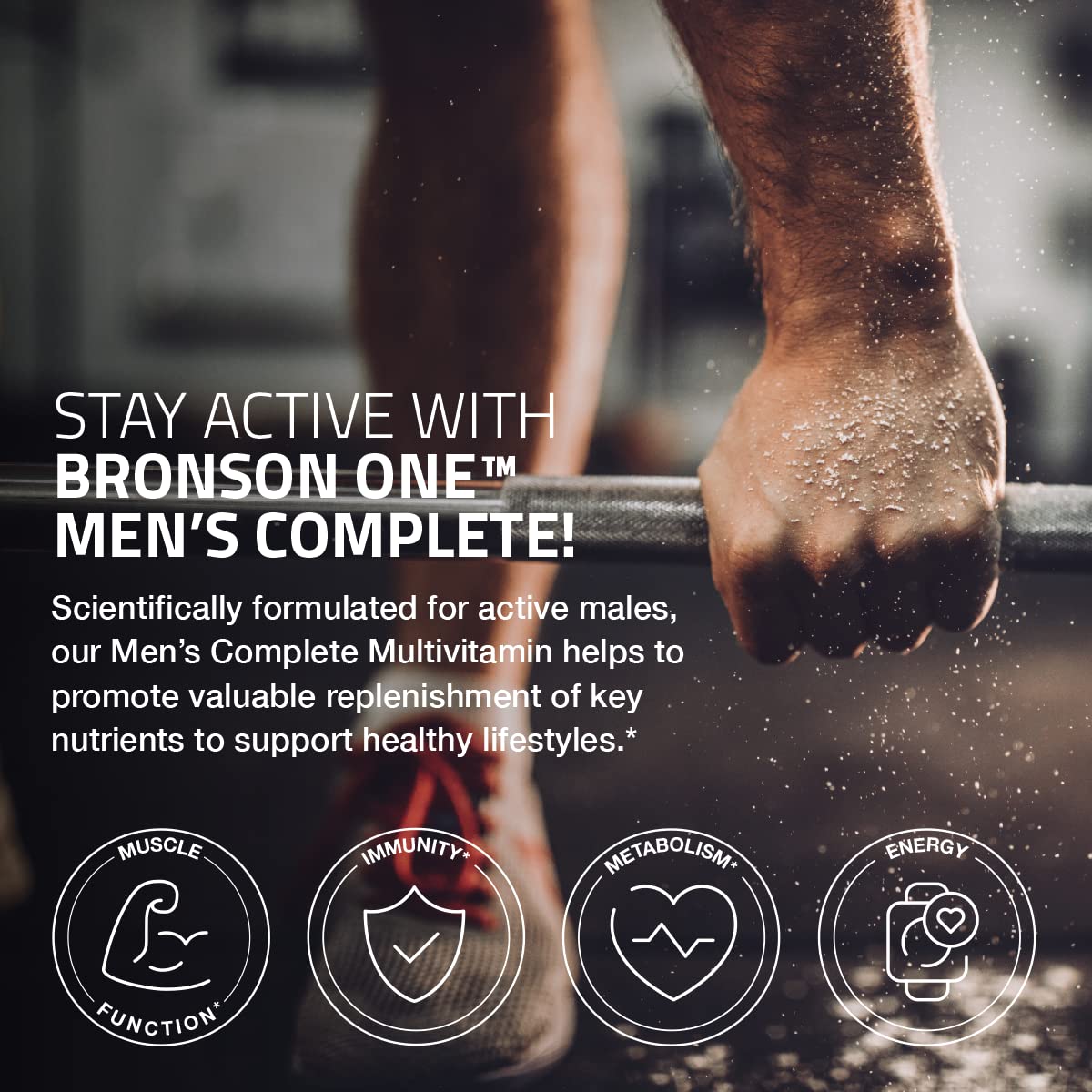 Bronson ONE Daily Men’s Complete capsules in hand for convenient daily wellness.