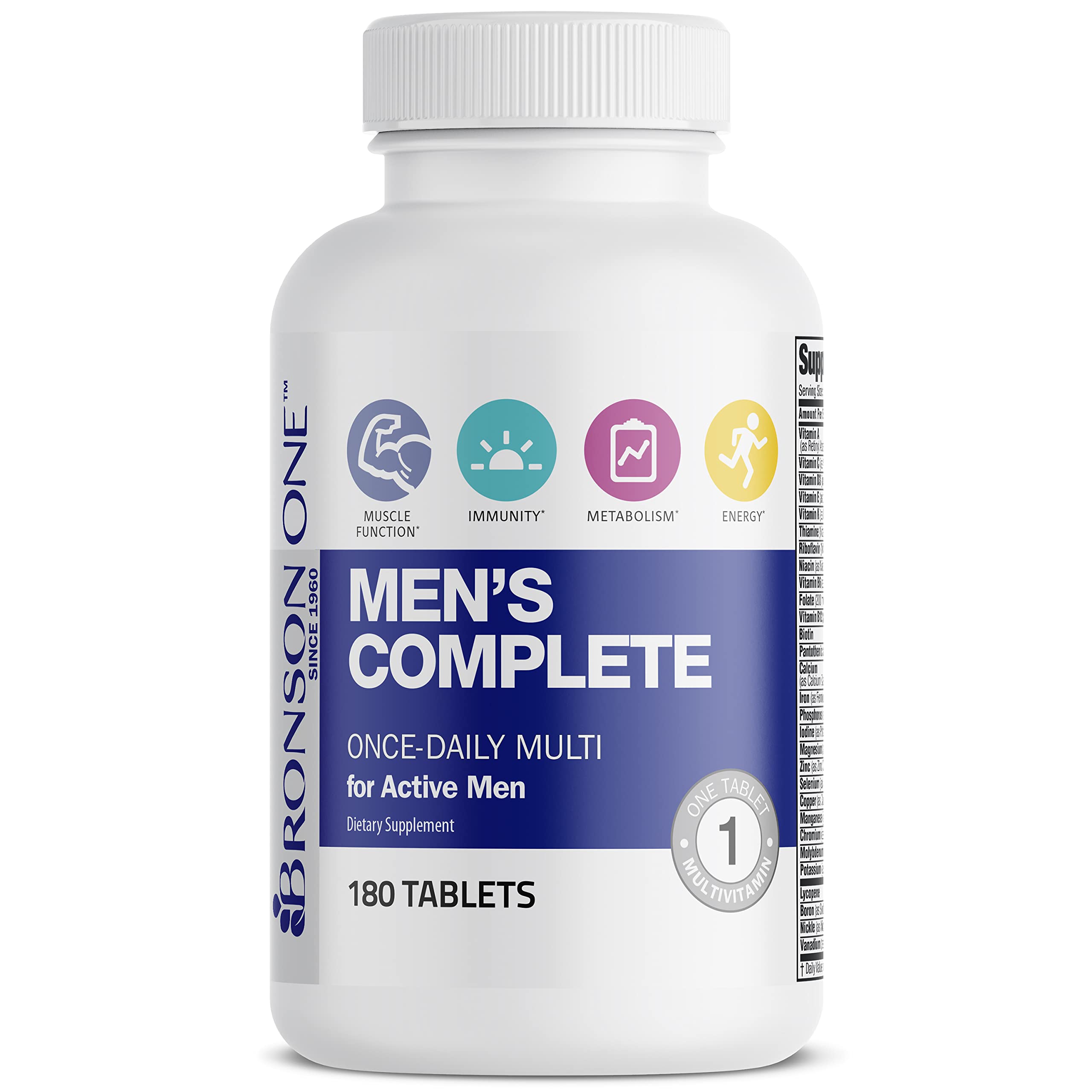 Bronson ONE Daily Men’s Complete facts panel highlights boron and lycopene benefits.