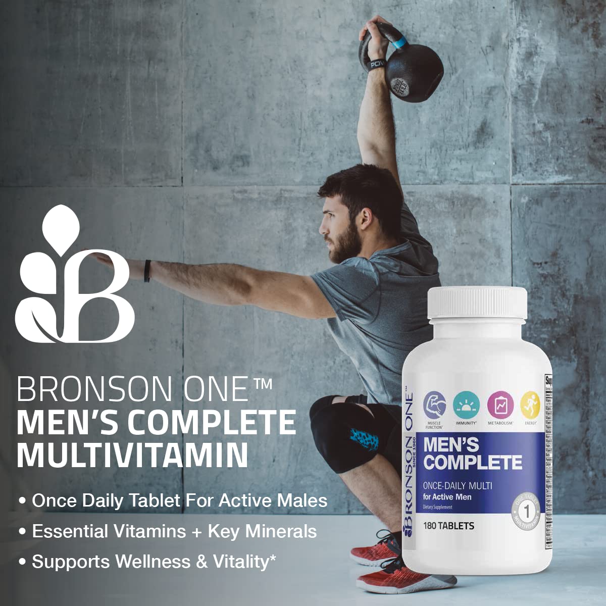 Bronson ONE Daily Men’s Complete tablets close-up ready for daily use.