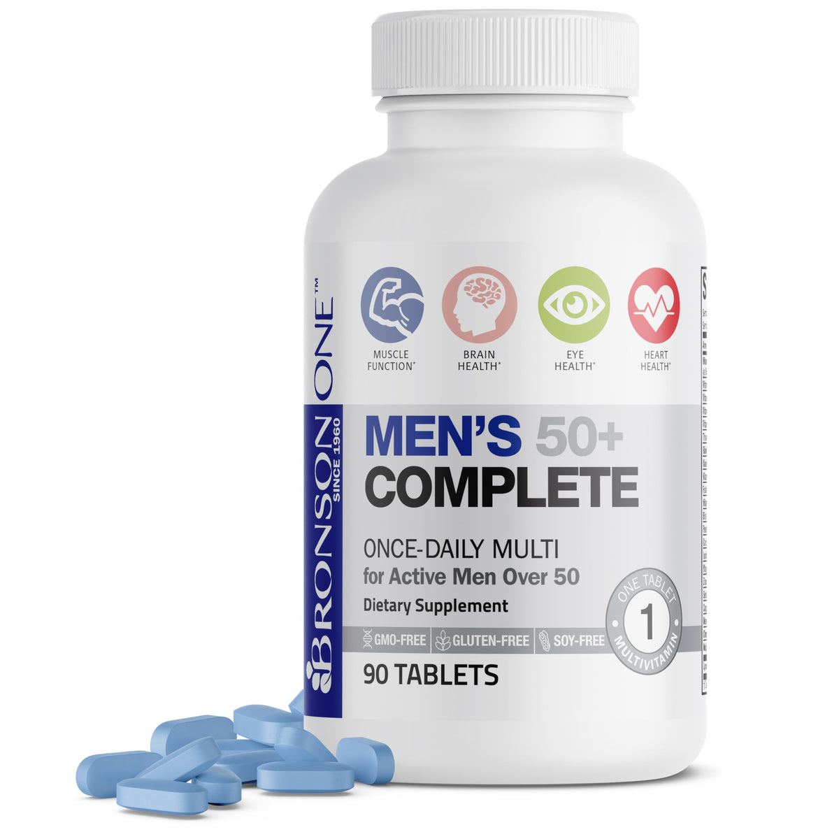 Bronson ONE diario tabletas para hombres 50+, apoyo a la vitalidad diaria.