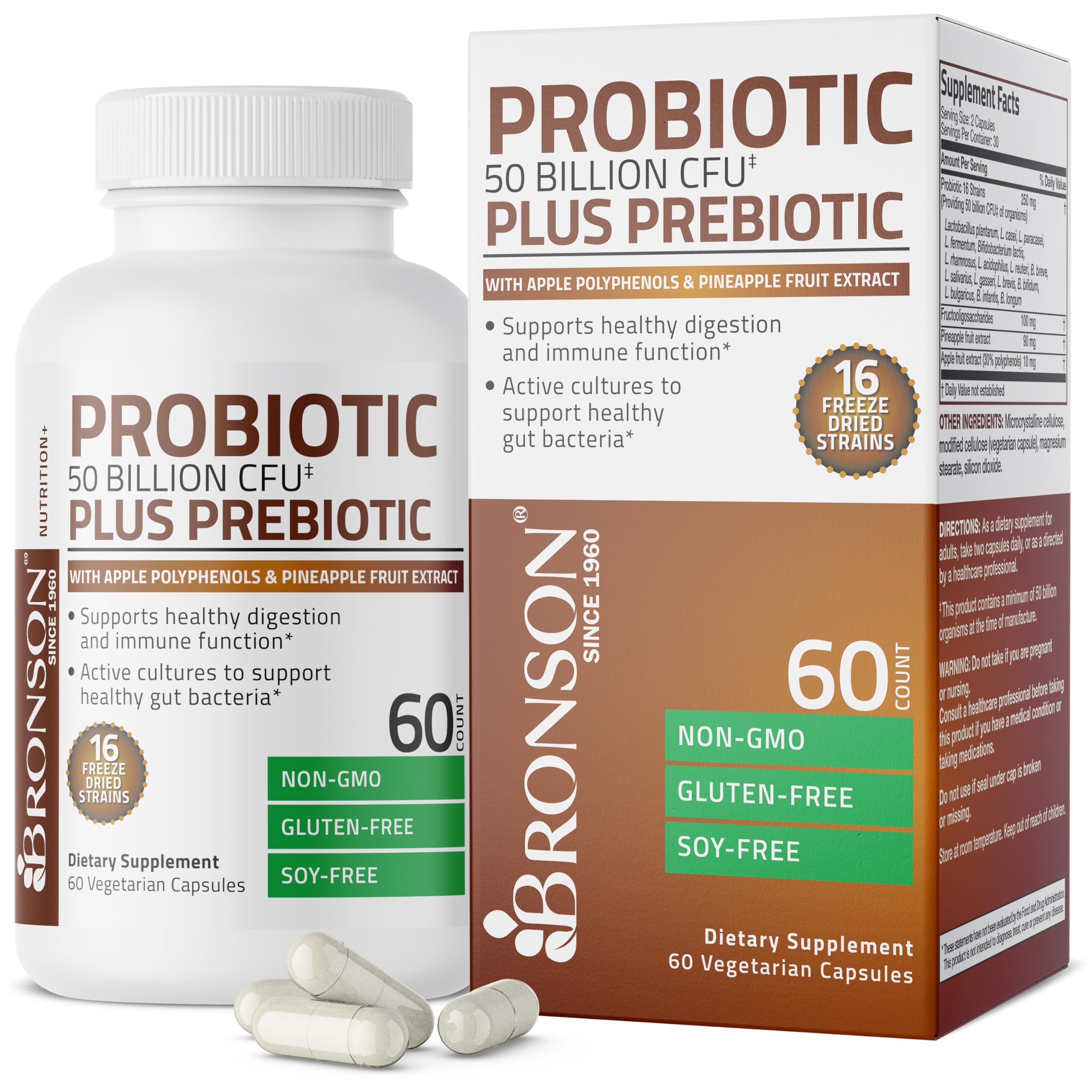Bronson Probiotic bottle front view with 60 vegetarian capsules for daily gut support.