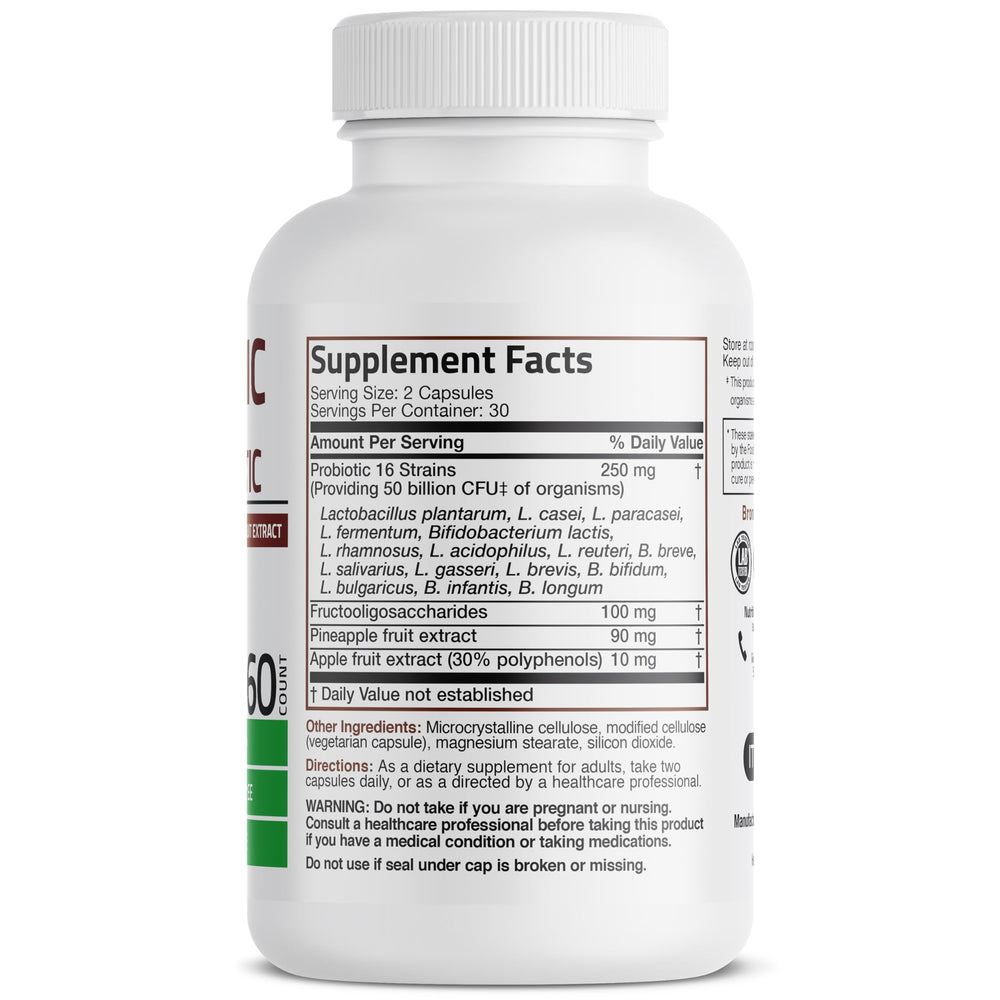 Bronson Probiotic bottle side angle highlighting capsules and shelf-stable formula for freshness.