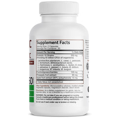 Bronson Probiotic bottle side angle highlighting capsules and shelf-stable formula for freshness.