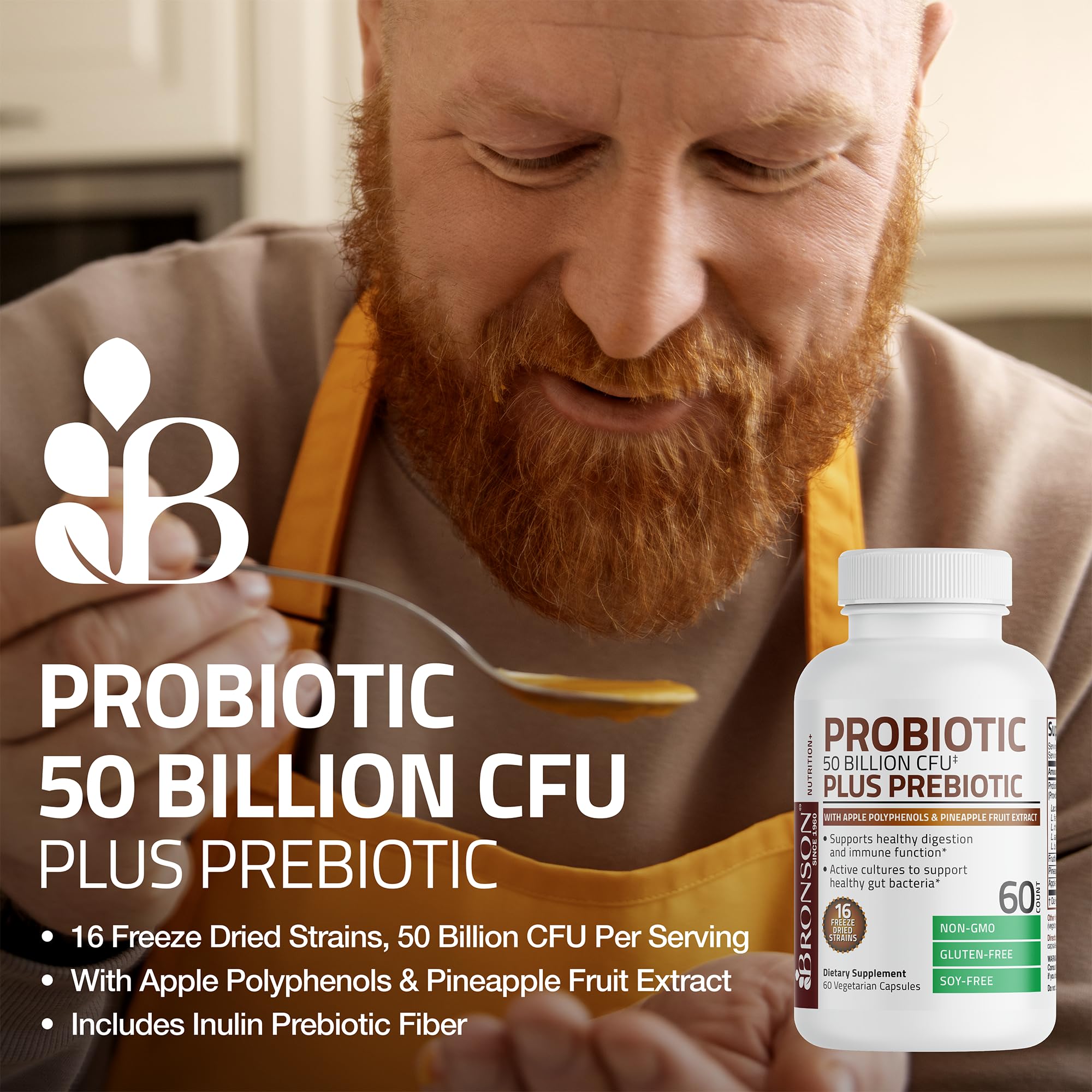Bronson Probiotic ingredients label with apple polyphenols promoting balanced gut microbiota.