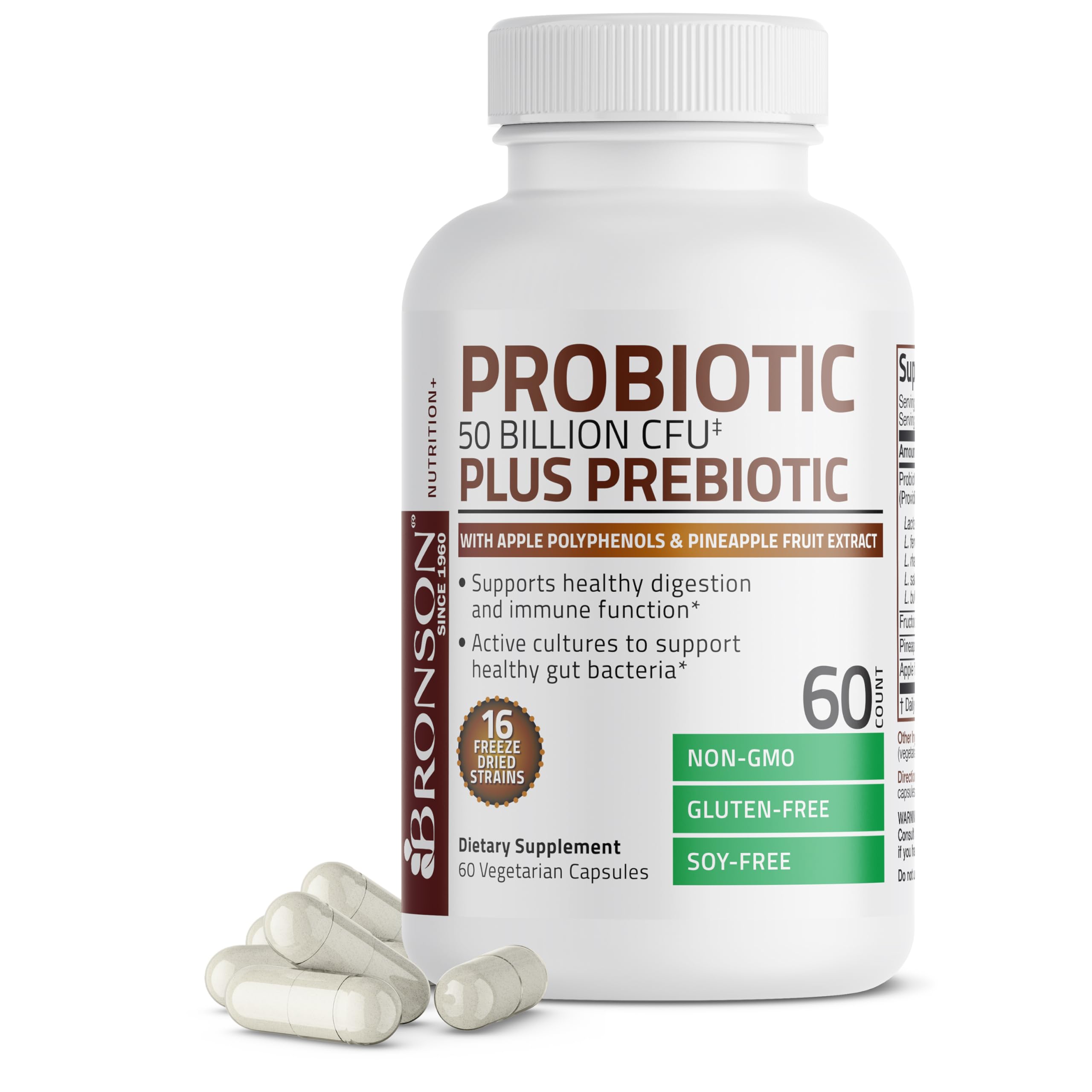 Bronson Probiotic inulin prebiotic fiber visual on bottle label.