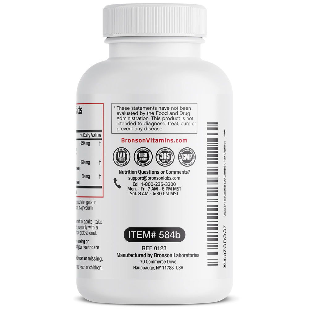 Bronson Resveratrol 500 Complex cGMP facility emblem signals quality control.
