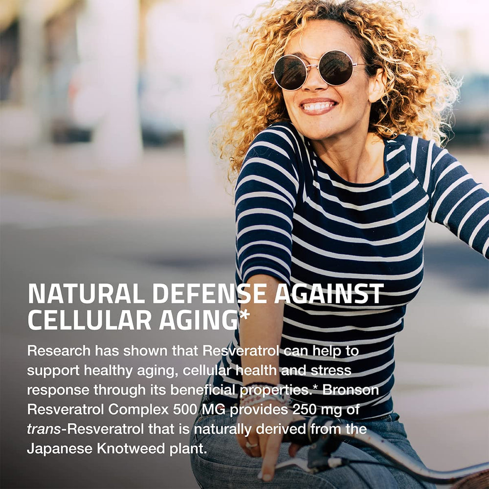 Bronson Resveratrol 500 Complex bottle detail featuring grape seed extract imagery.