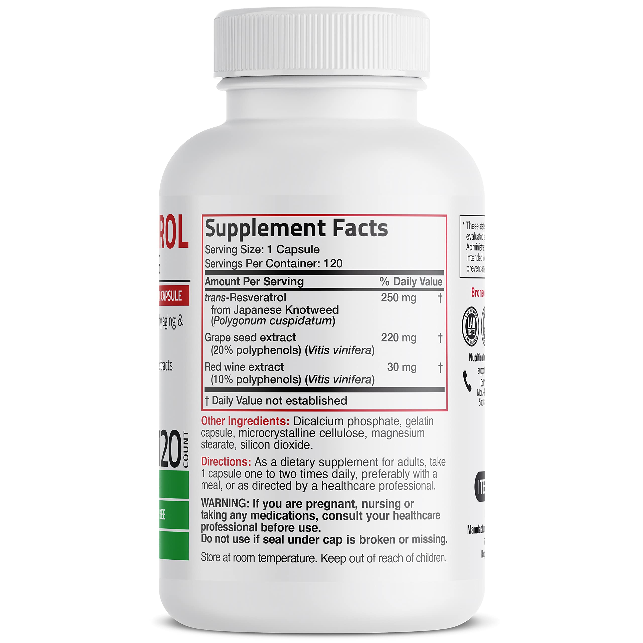 Bronson Resveratrol 500 Complex ingredients label highlights trans-resveratrol and grape seed extracts.