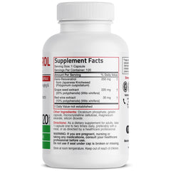 Bronson Resveratrol 500 Complex ingredients label highlights trans-resveratrol and grape seed extracts.