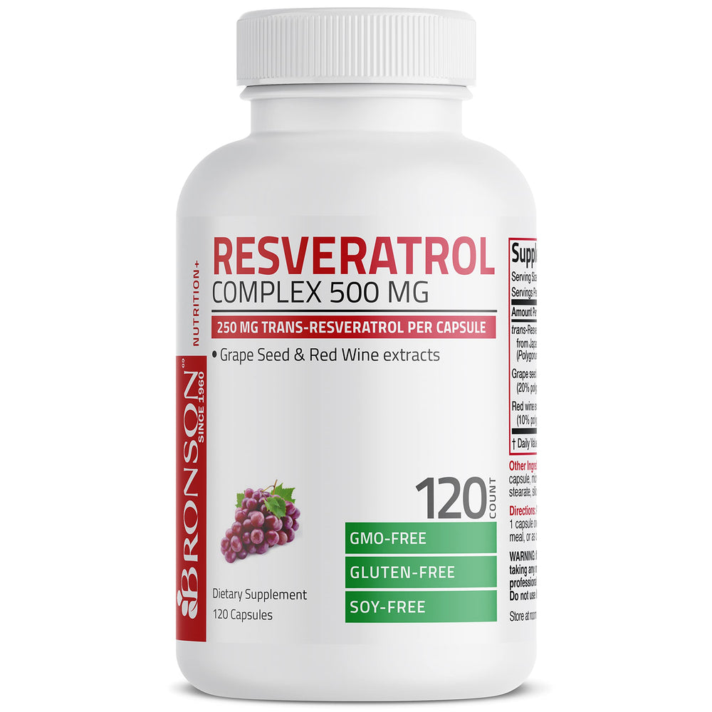 Bronson Resveratrol 500 Complex red wine extract capsule close-up.