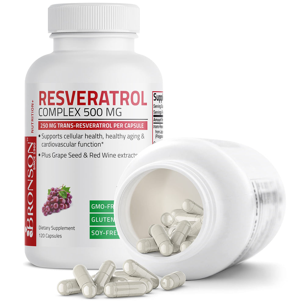 Bronson Resveratrol 500 Complex vegan formula label emphasizes GMO-free and allergen-free.