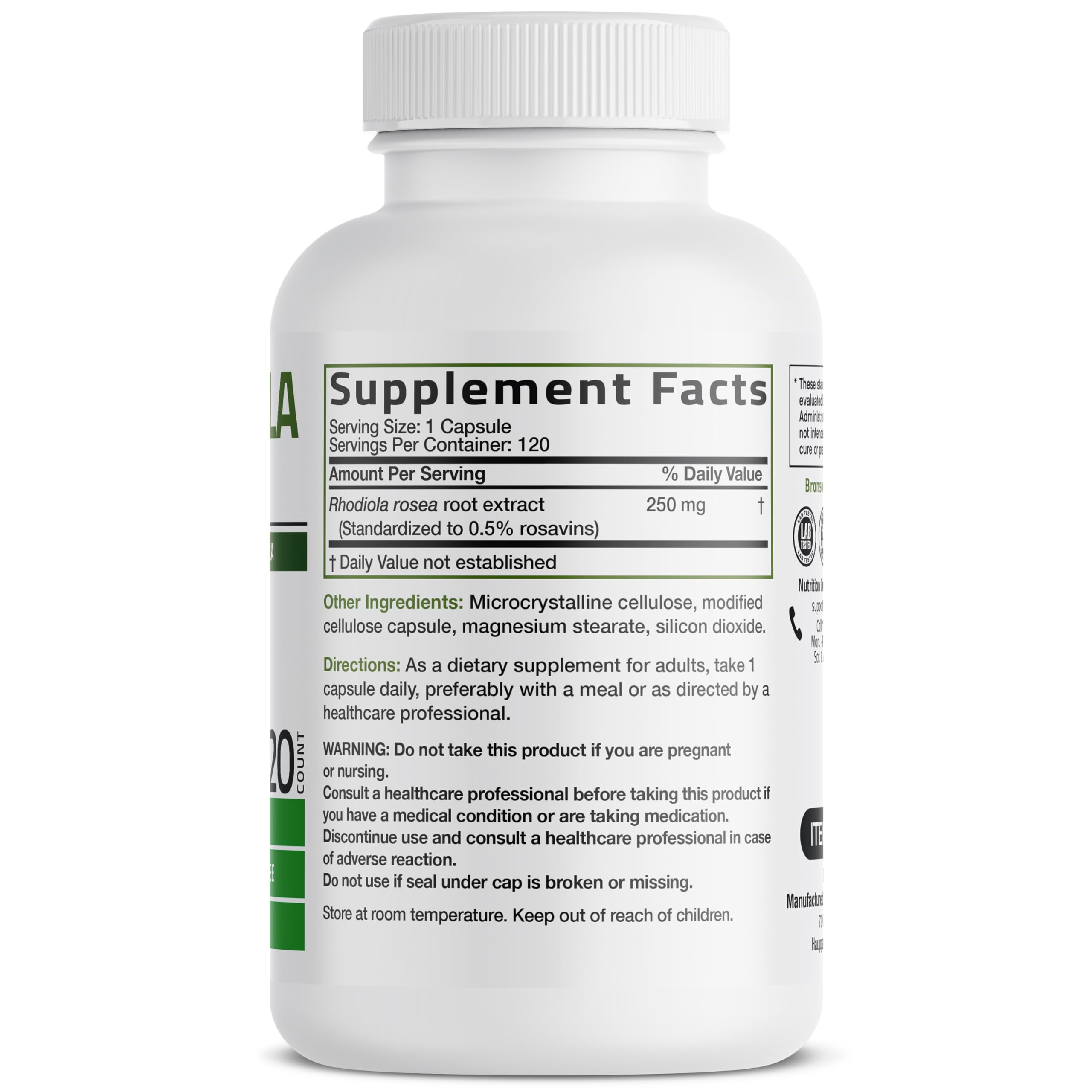 Bronson Rhodiola Rosea bottle with label highlighting non-GMO and gluten-free