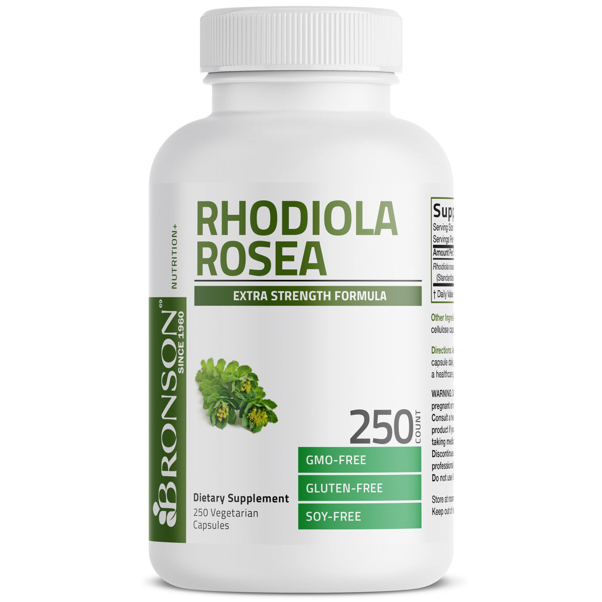 Bronson Rhodiola Rosea capsules bottle front view for daily mood and focus support.
