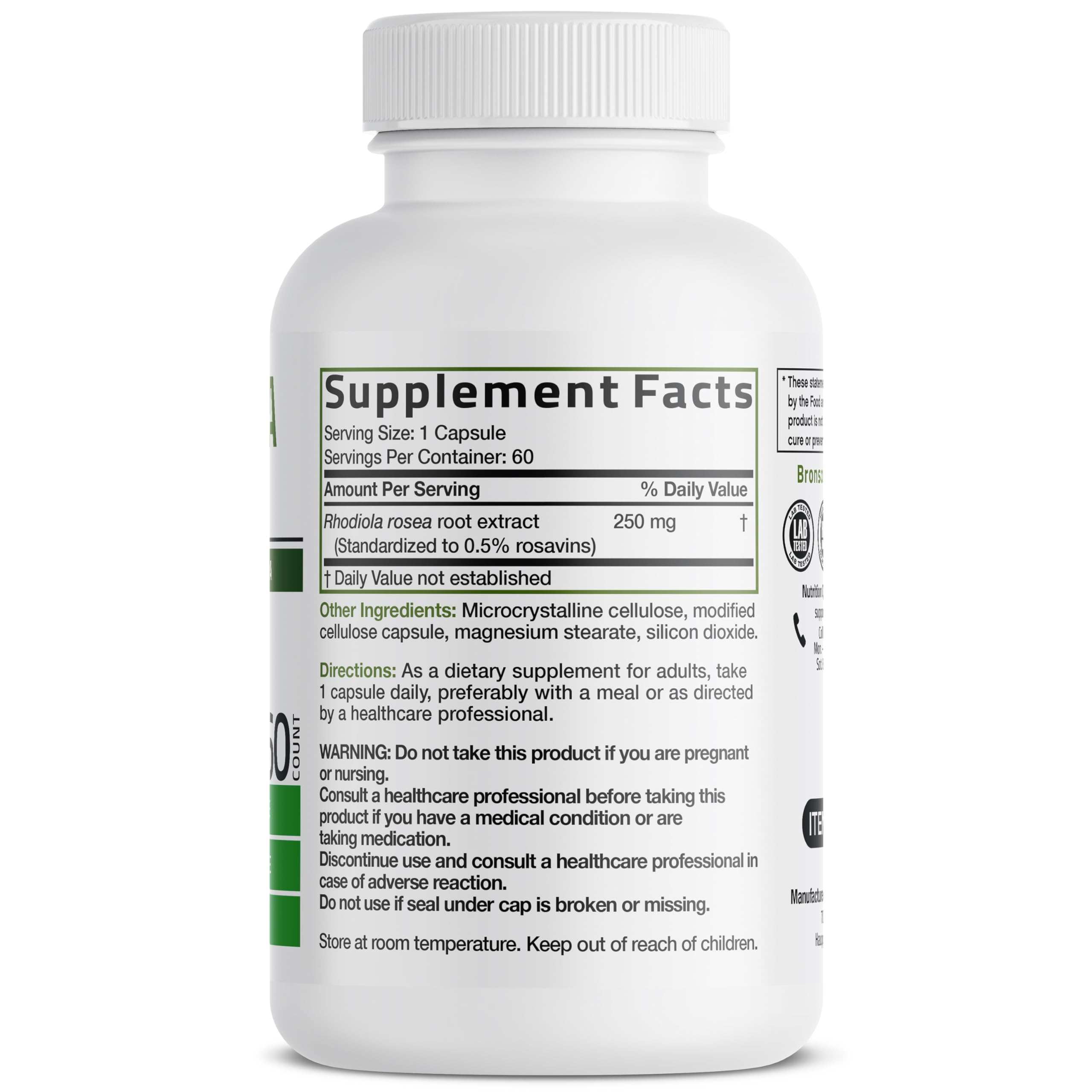 Close-up of Bronson Rhodiola Rosea label highlighting non-GMO and gluten-free formulation.