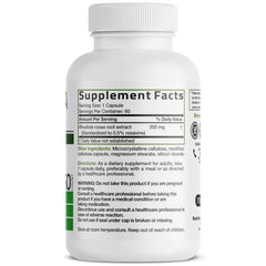 Close-up of Bronson Rhodiola Rosea label highlighting non-GMO and gluten-free formulation.