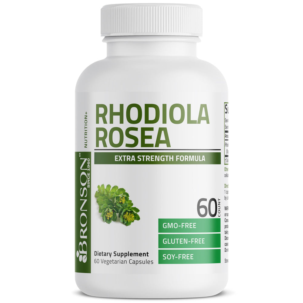 Bronson Rhodiola Rosea vegetarian capsules in a bottle, supporting everyday mood and focus.