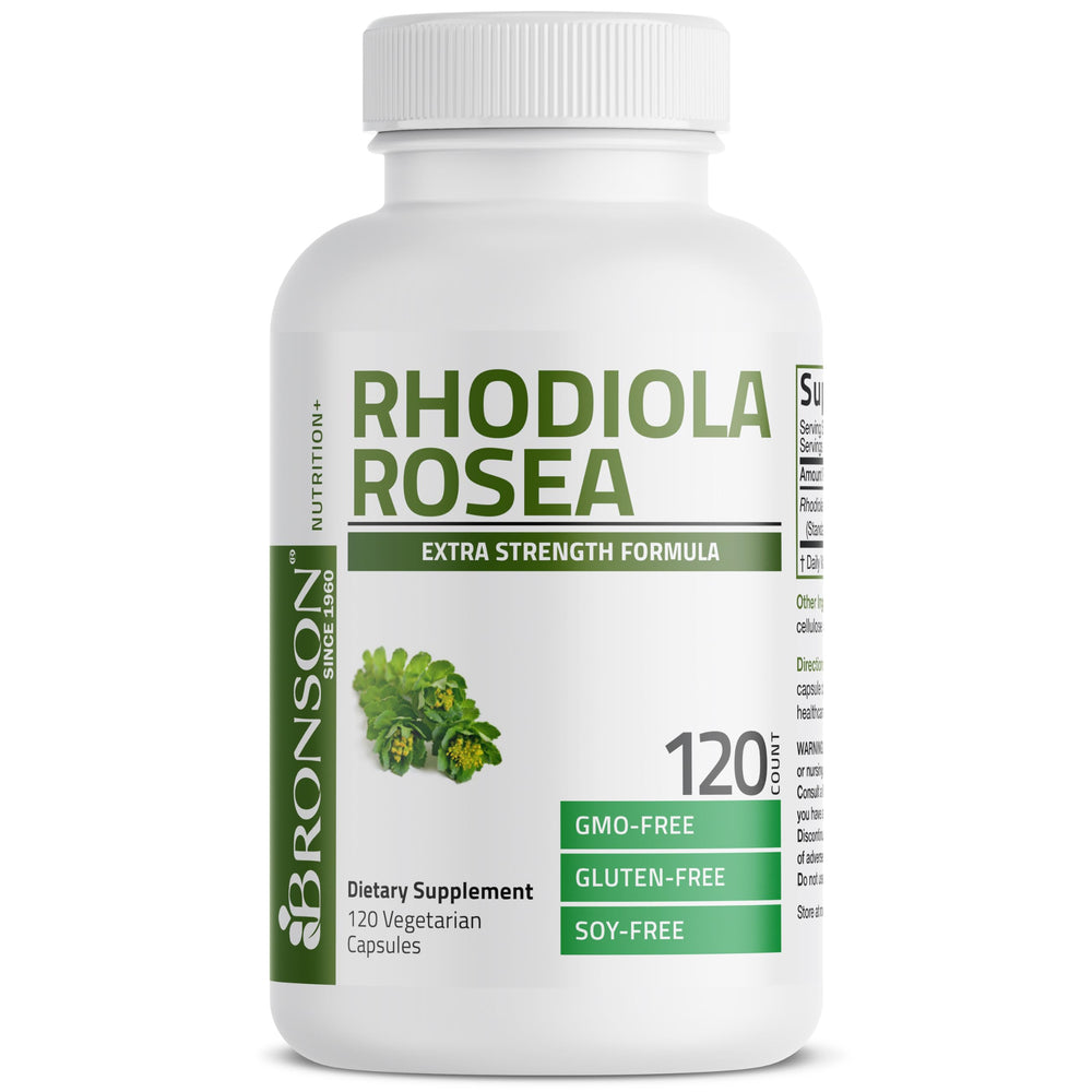 Bronson Rhodiola Rosea capsules in bottle for daily adaptogenic support