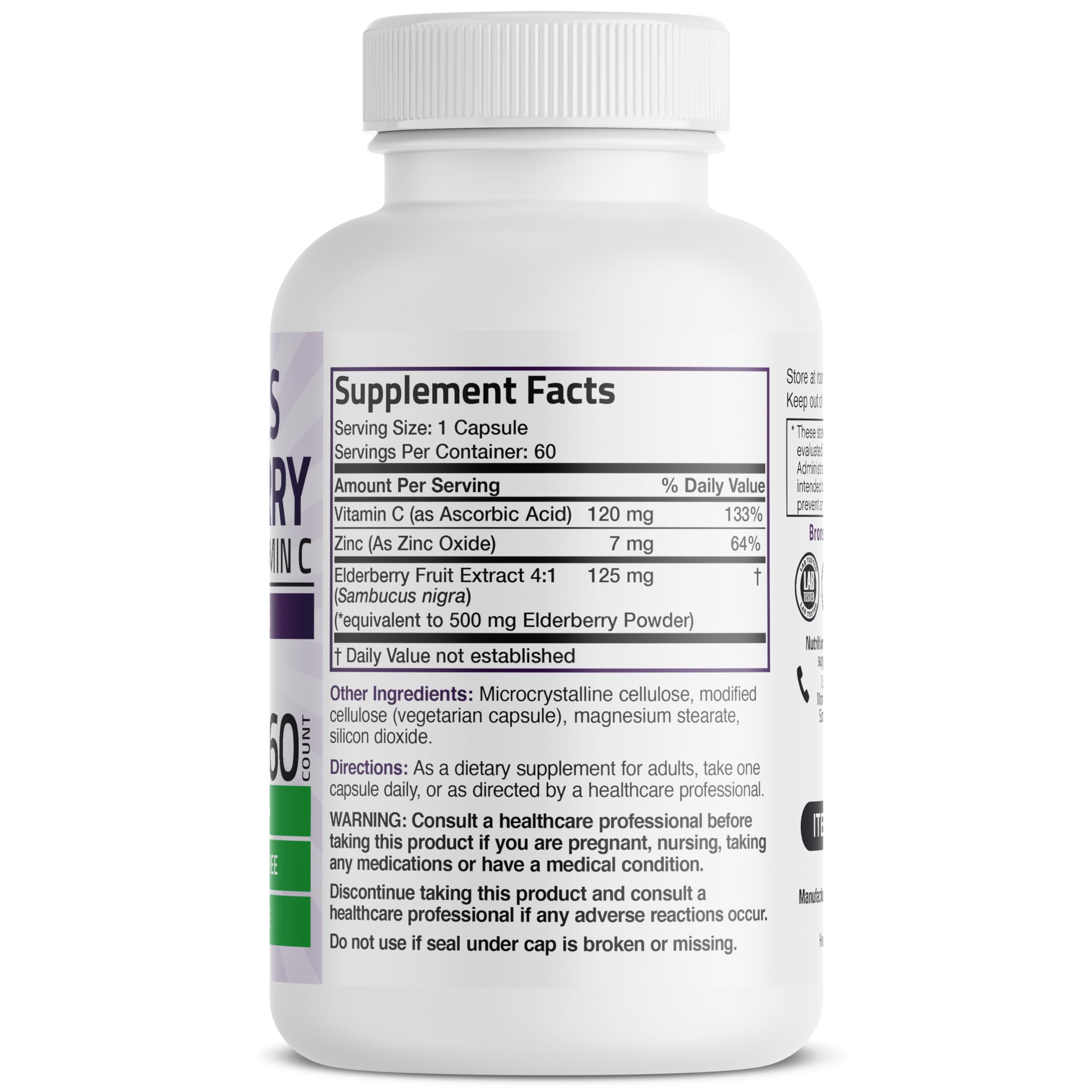 Bronson Sambucus: etiqueta clara con zinc y vitamina C para protección antioxidante.