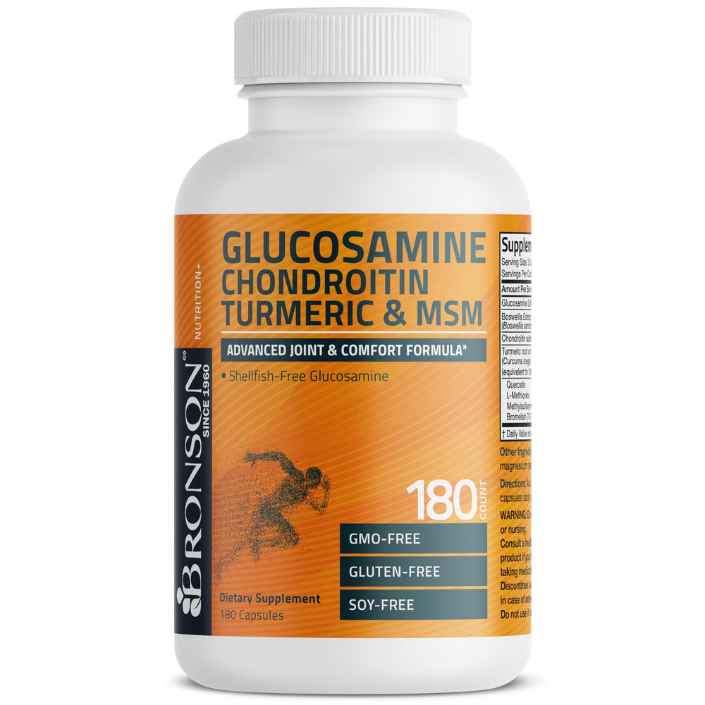 Bronson shellfish-free glucosamine label emphasizes allergen-safe choice.