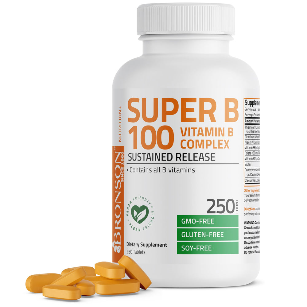 Bronson Super B 100 bottle front shows label; supports energy metabolism potential.
