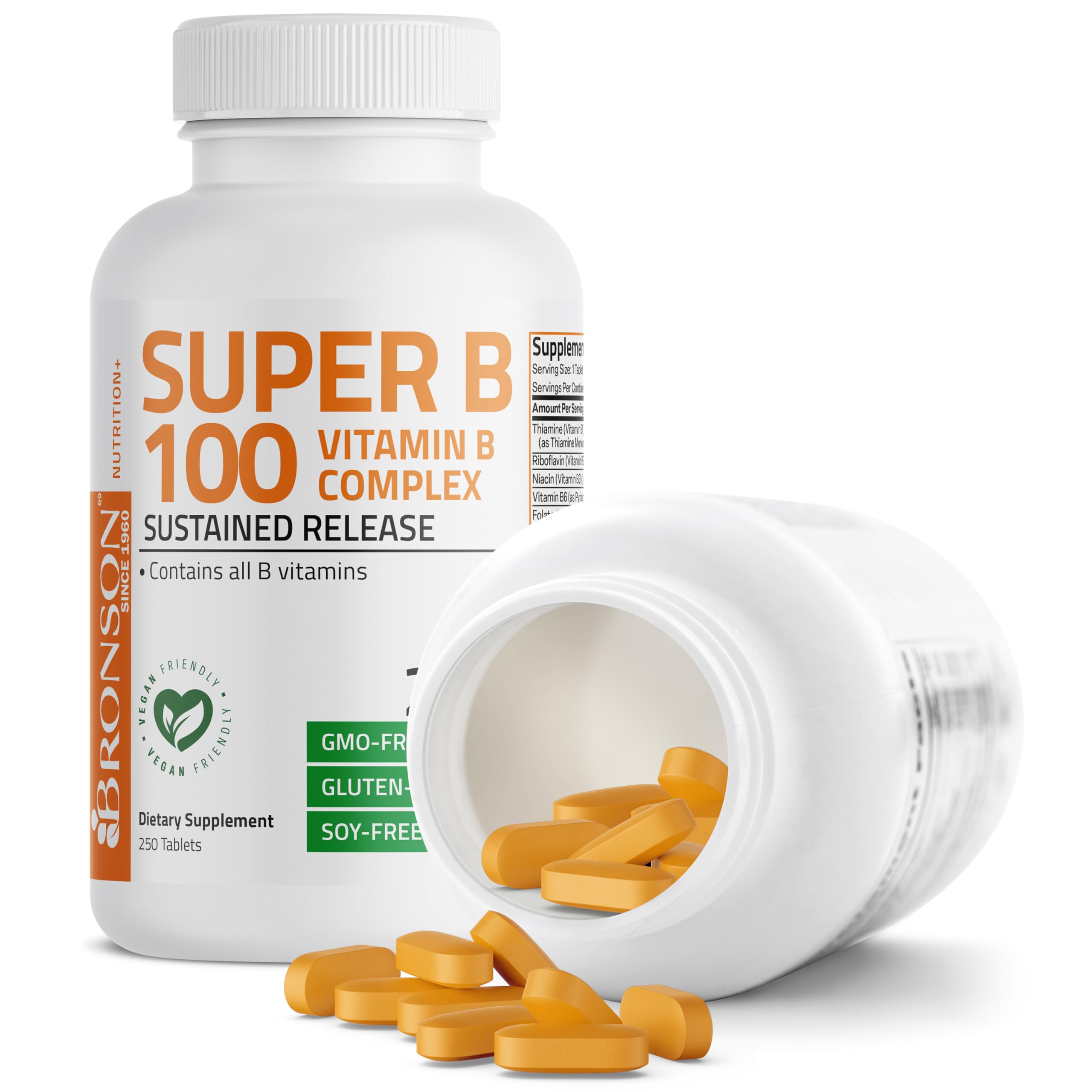 Bronson Super B 100 gluten-free non-GMO badge highlights purity.