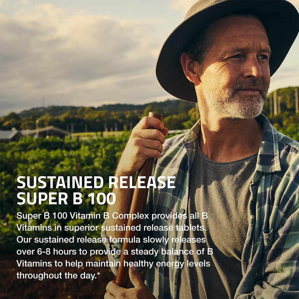 Bronson Super B 100 sustained-release illustration suggests steady nutrient delivery.