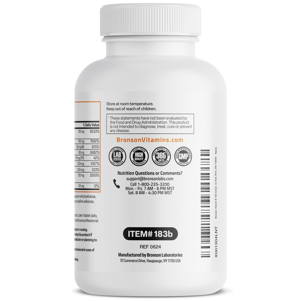 Bronson Super B 100 tablets on dish illustrate daily supplement ritual.