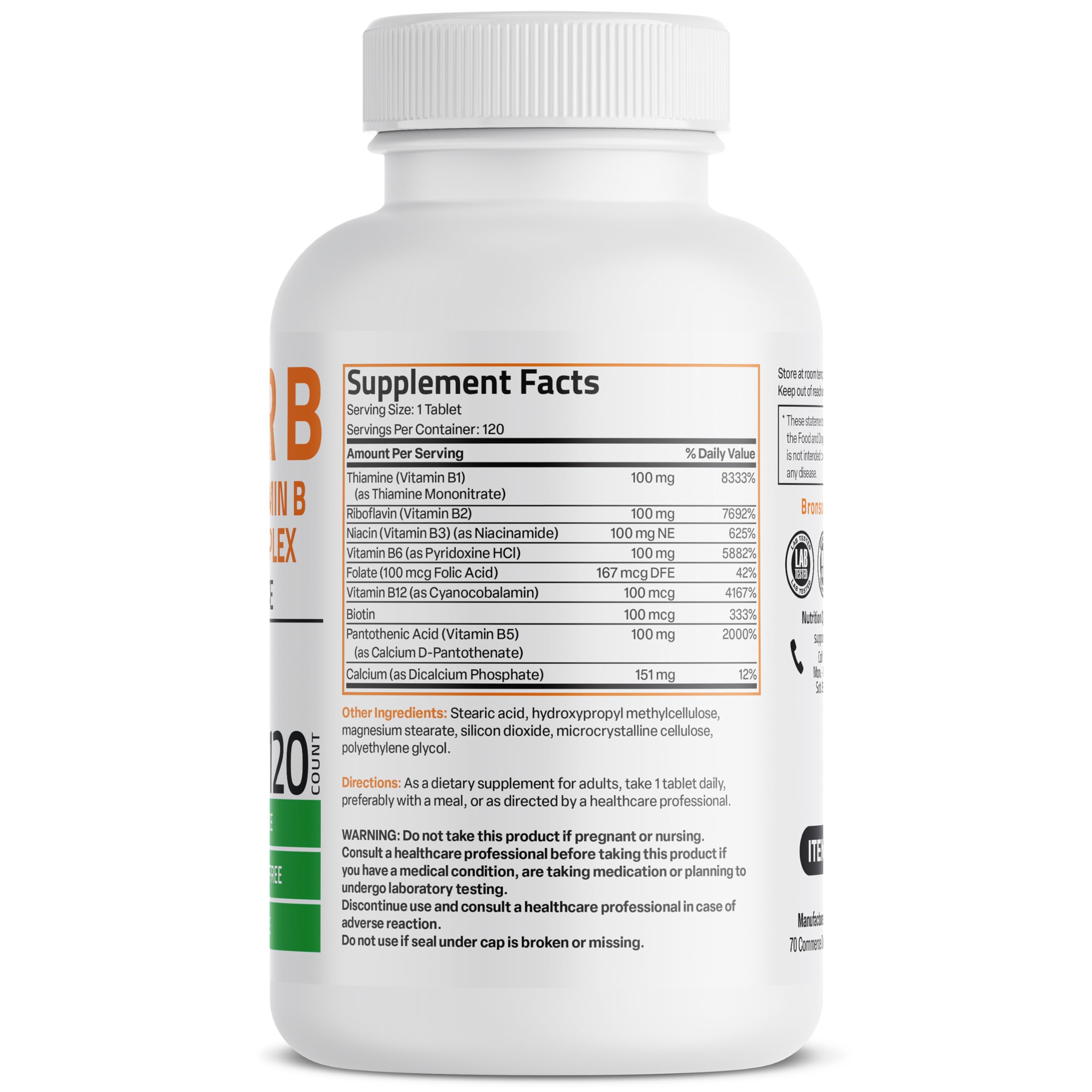 Bronson Super B100 bottle back shows nutrition details and ingredients