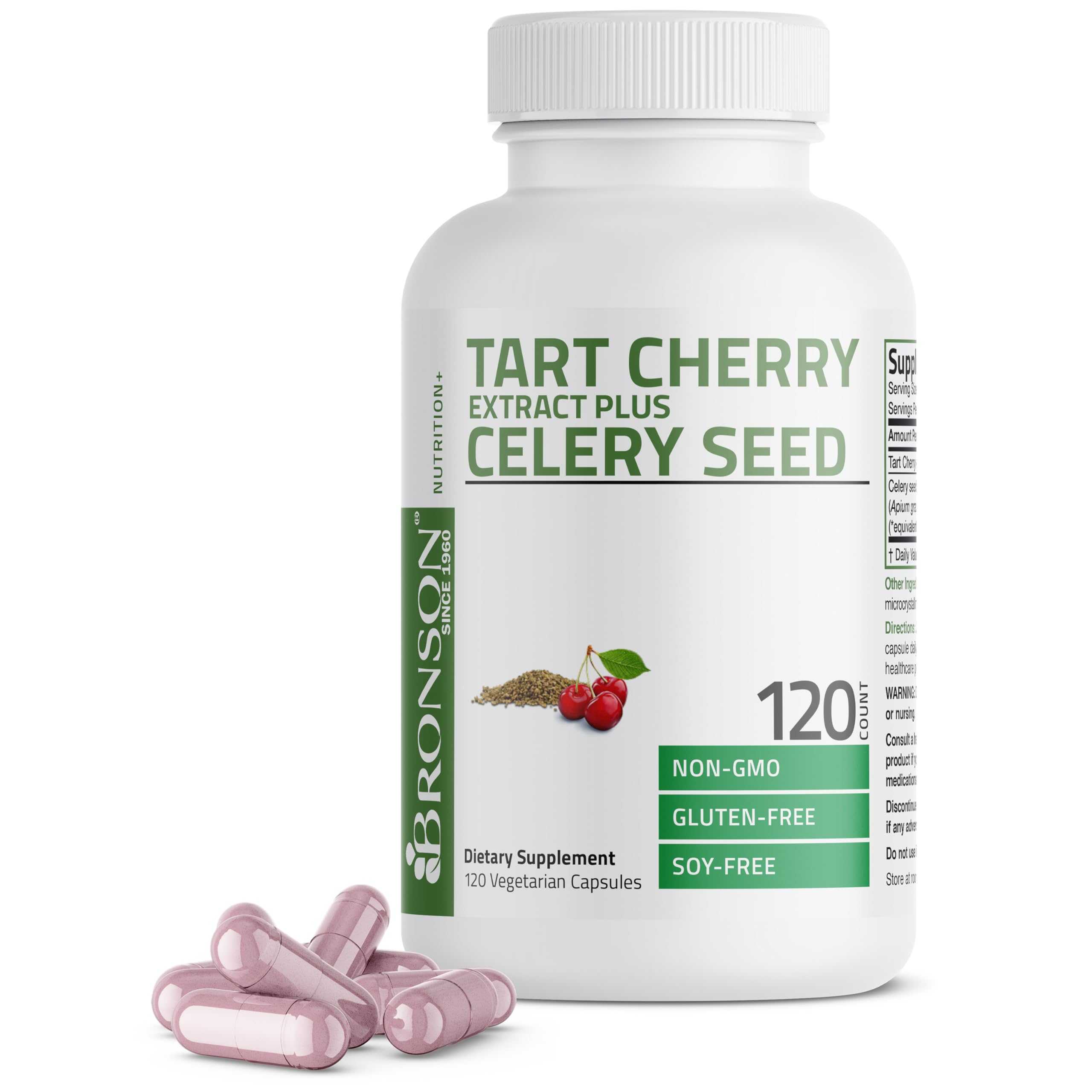 Bronson Tart Cherry Extract + Celery Seed capsules close-up highlight smooth capsules.