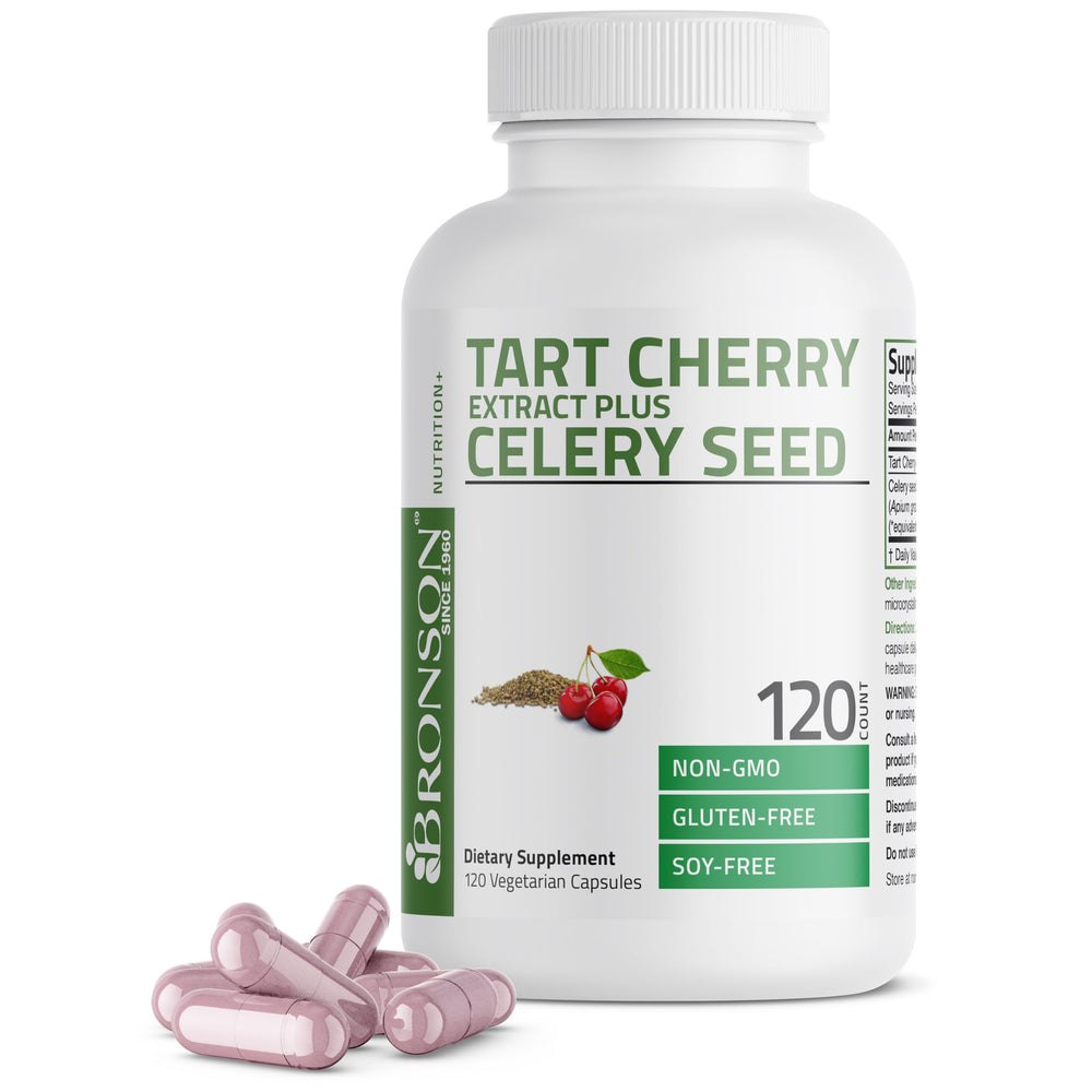 Bronson Tart Cherry Extract + Celery Seed capsules close-up highlight smooth capsules.